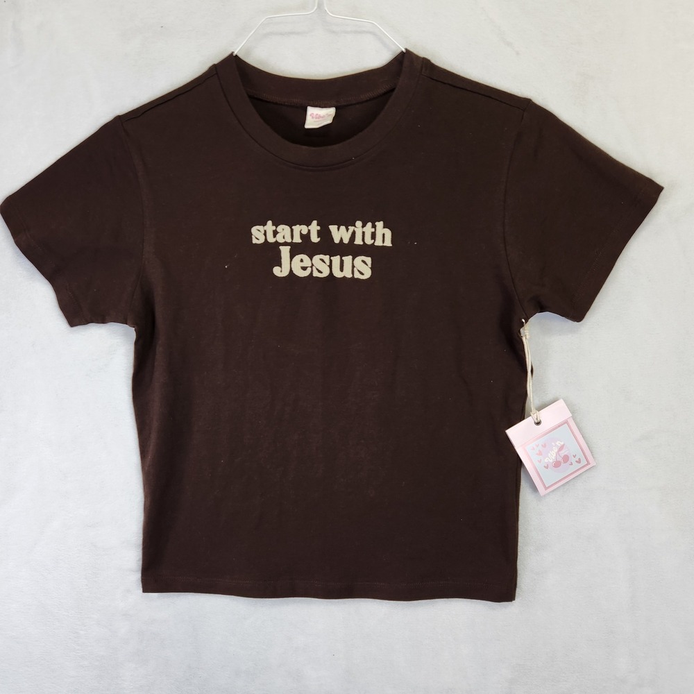 Vibe‎ n Womens Graphic T Shirt Brown "start with Jesus" Short Sleeve Size M